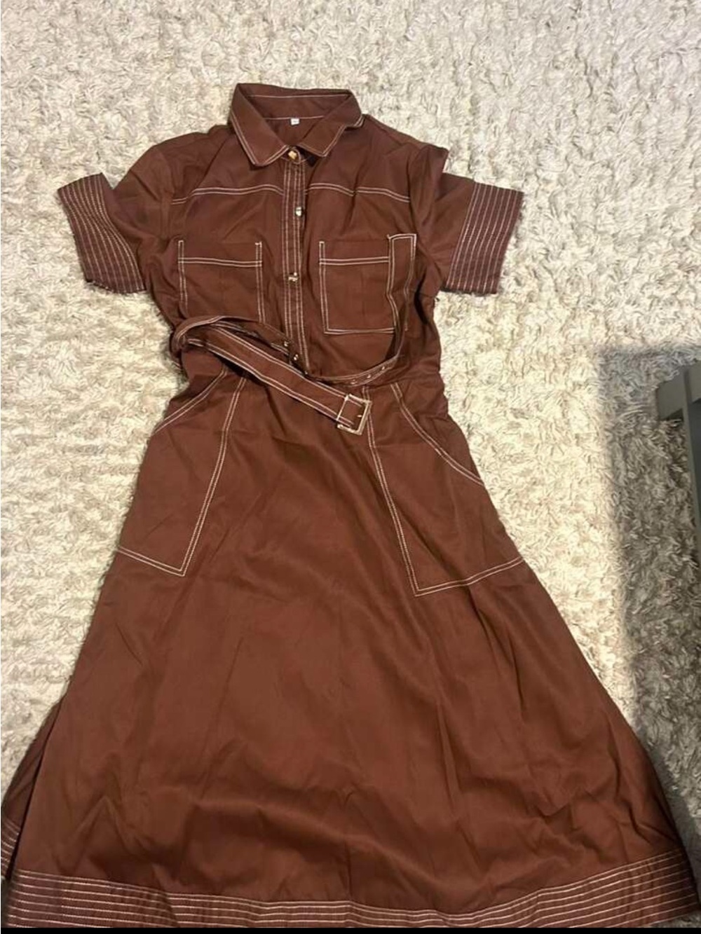 Vintage Inspired Brown Midi Shirt Dress | Elegant Collared Button Front Belted - Picture 6 of 6